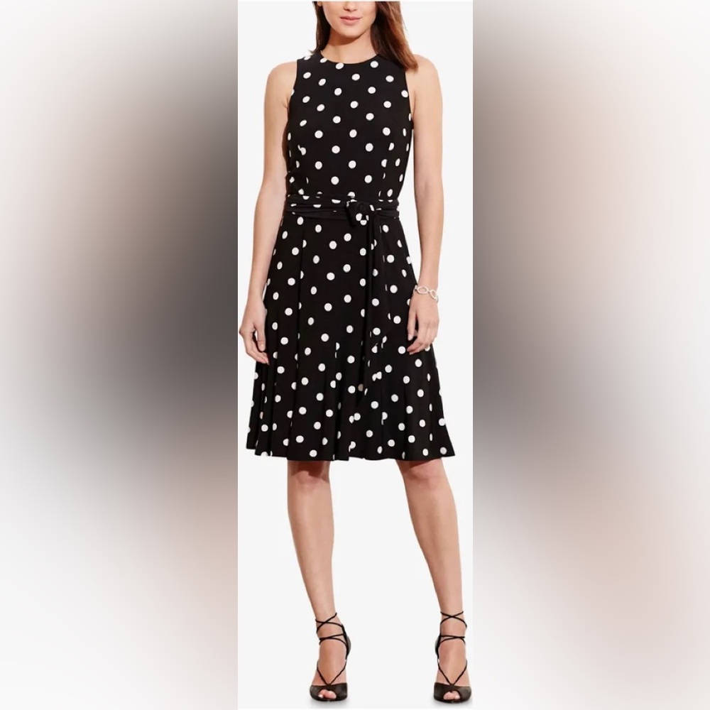 Ralph Lauren Navy and White Polka Dot Sleeveless Belted Midi Dress Size 8